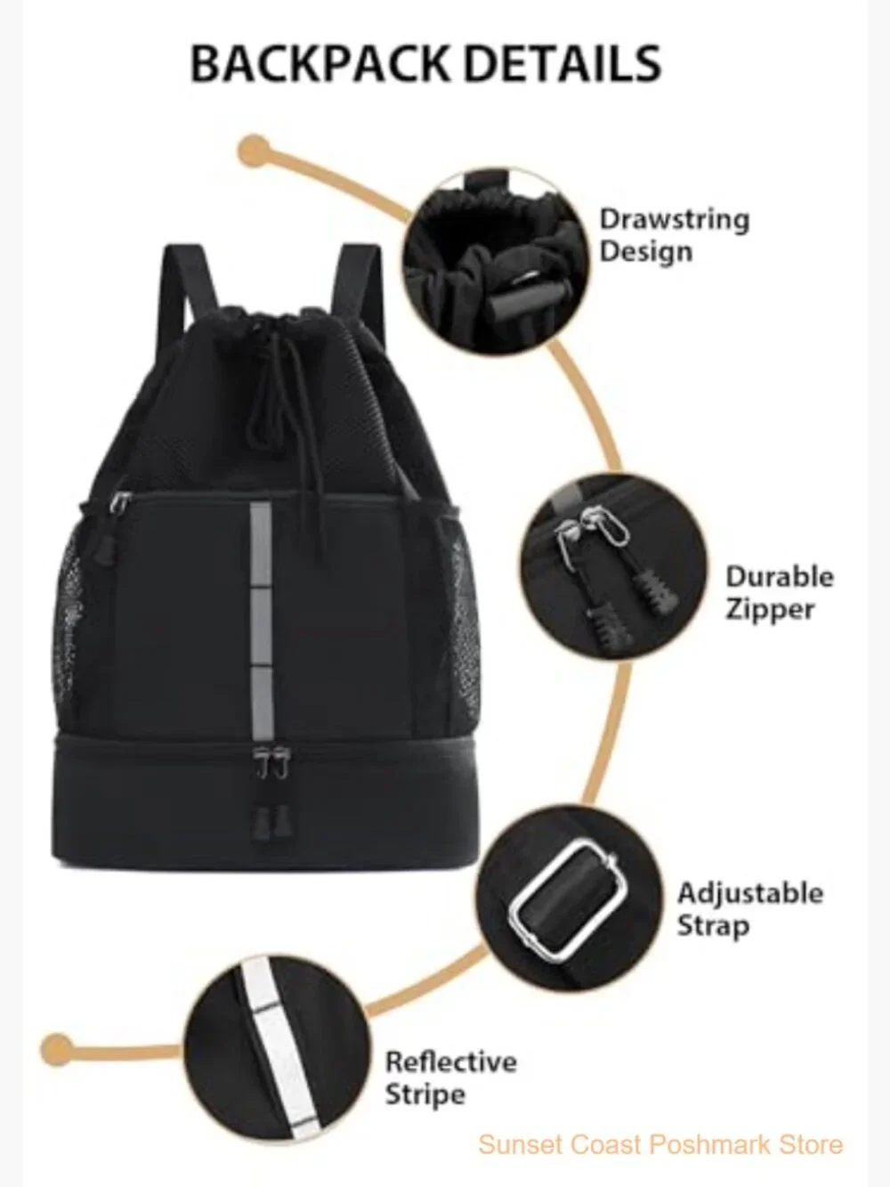 Waterproof Gym Drawstring Backpack with Shoes Compartment Wet Pockets